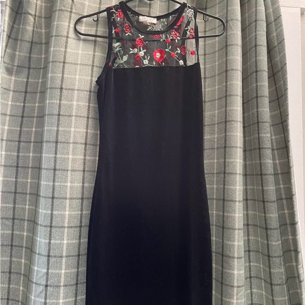 Black Velvet Dress with Floral Embroidery